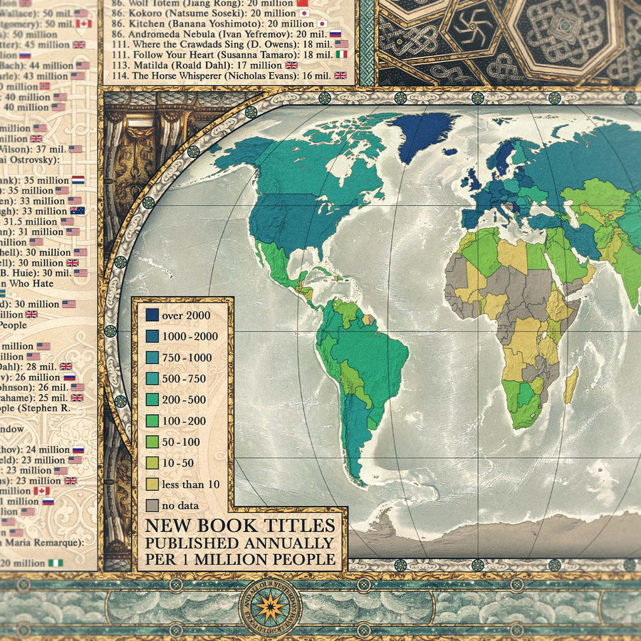 Map detail showing new book titles published by country and bestseller lists